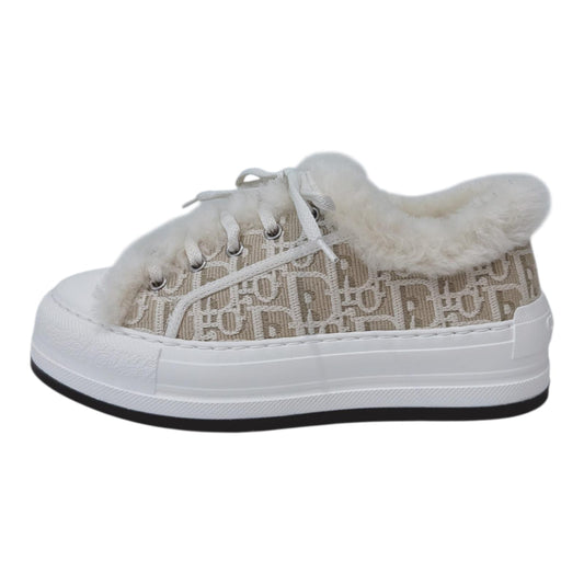BEIGE COTTON EMBROIDERED WITH MOTIF AND ECRU LAMBSKIN SHEARLING WALK'N'DIOR PLATFORM SNEAKERS 37.5