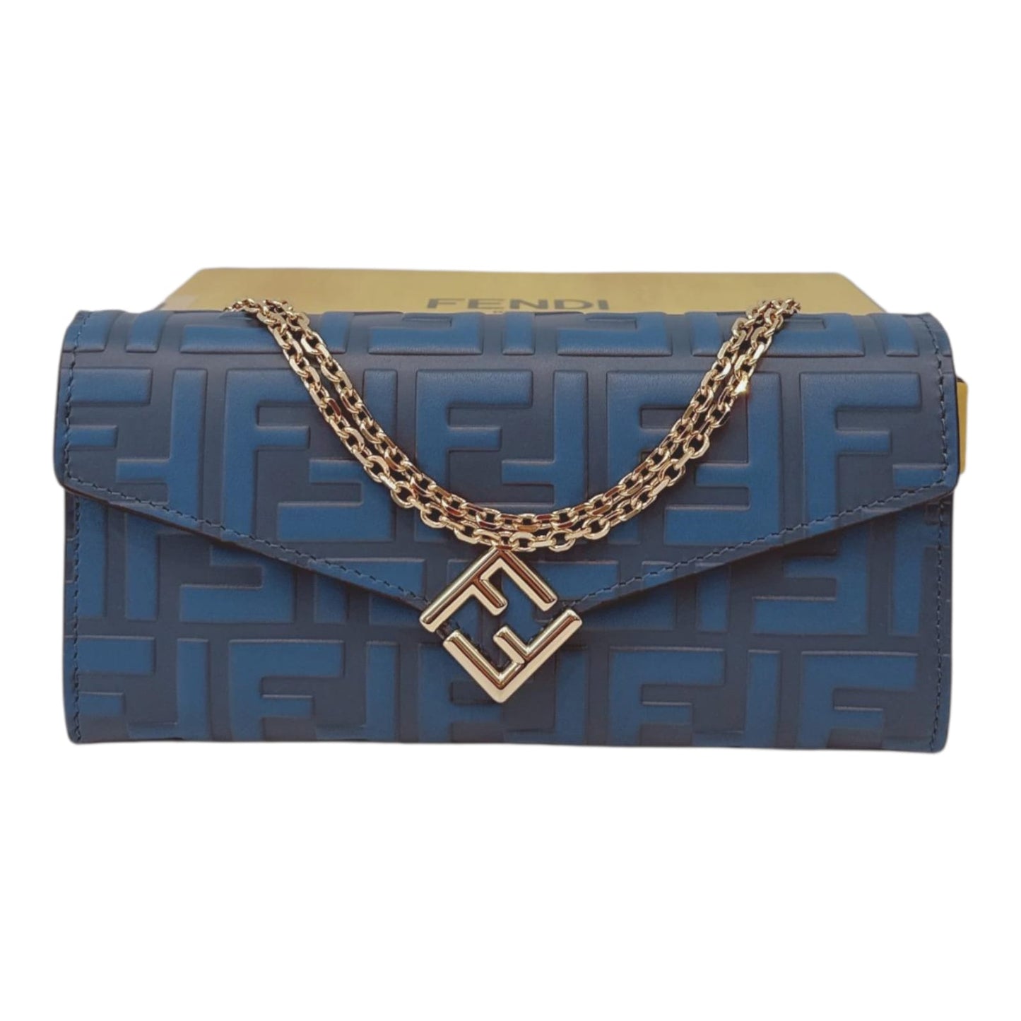 BLUE CALFSKIN LEATHER FF ZUCCA CONTINENTAL WALLET WITH CHAIN