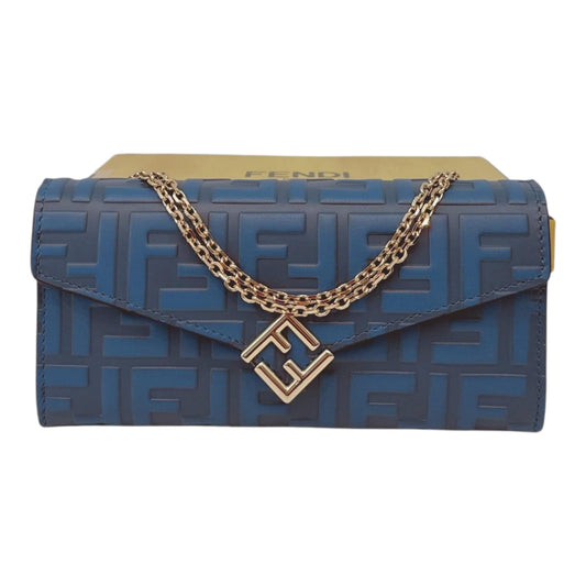 BLUE CALFSKIN LEATHER FF ZUCCA CONTINENTAL WALLET WITH CHAIN