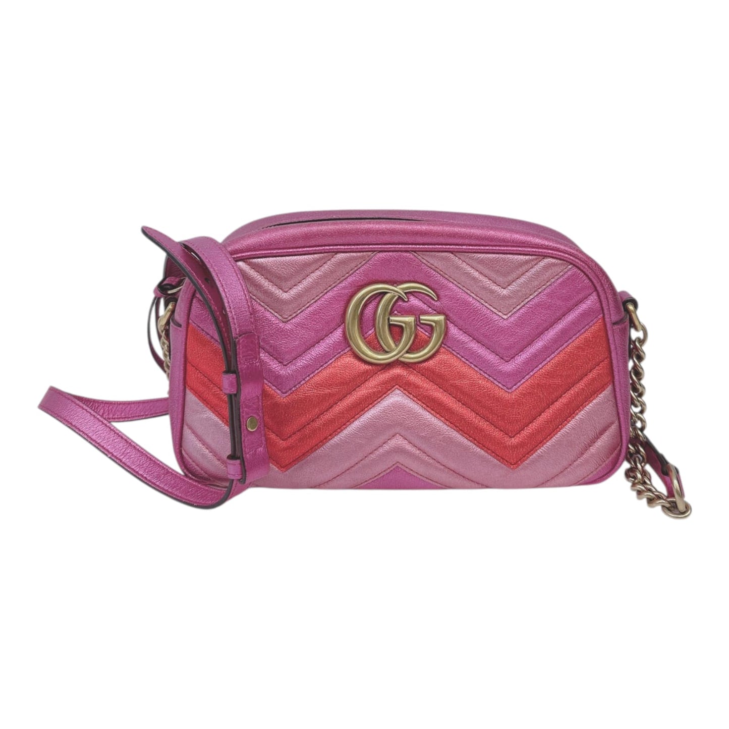 PINK ROSE LAMINATED MATELASSE LEATHER SMALL GG MARMONT CHAIN SHOULDER BAG