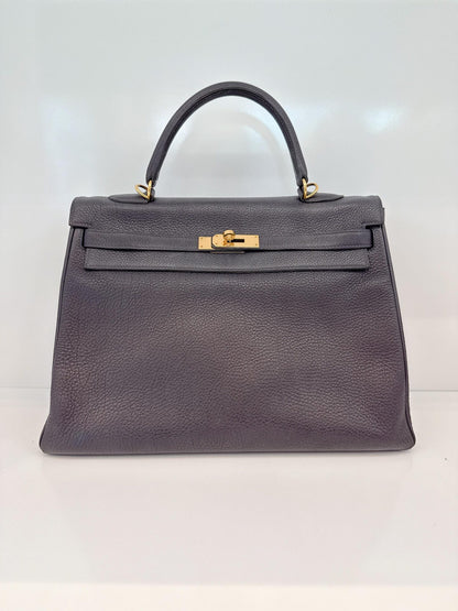 BLEU OBSCUR KELLY 35 CLEMENCE LEATHER GOLD HARDWARE