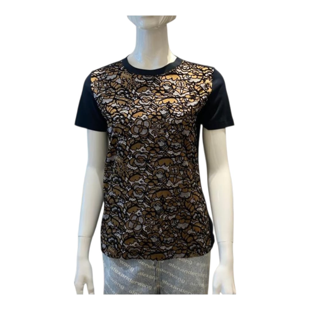 BLACK AND BROWN FLOCKED FLORAL SILK COTTON SHORT SLEEVE T-SHIRT M