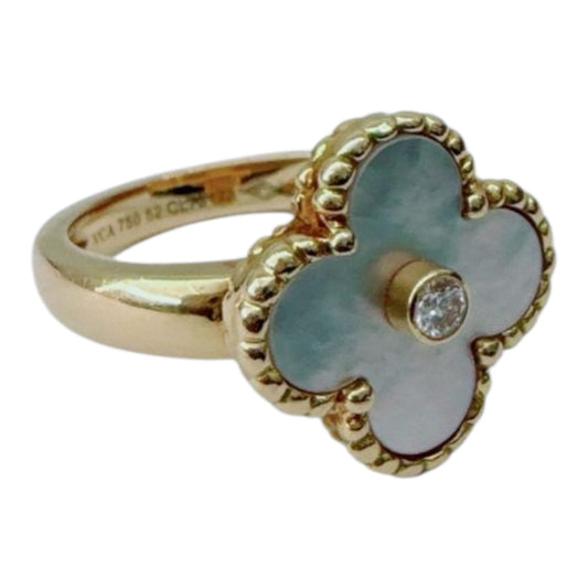 MOTHER OF PEARL YELLOW GOLD VINTAGE ALHAMBRA RING 52