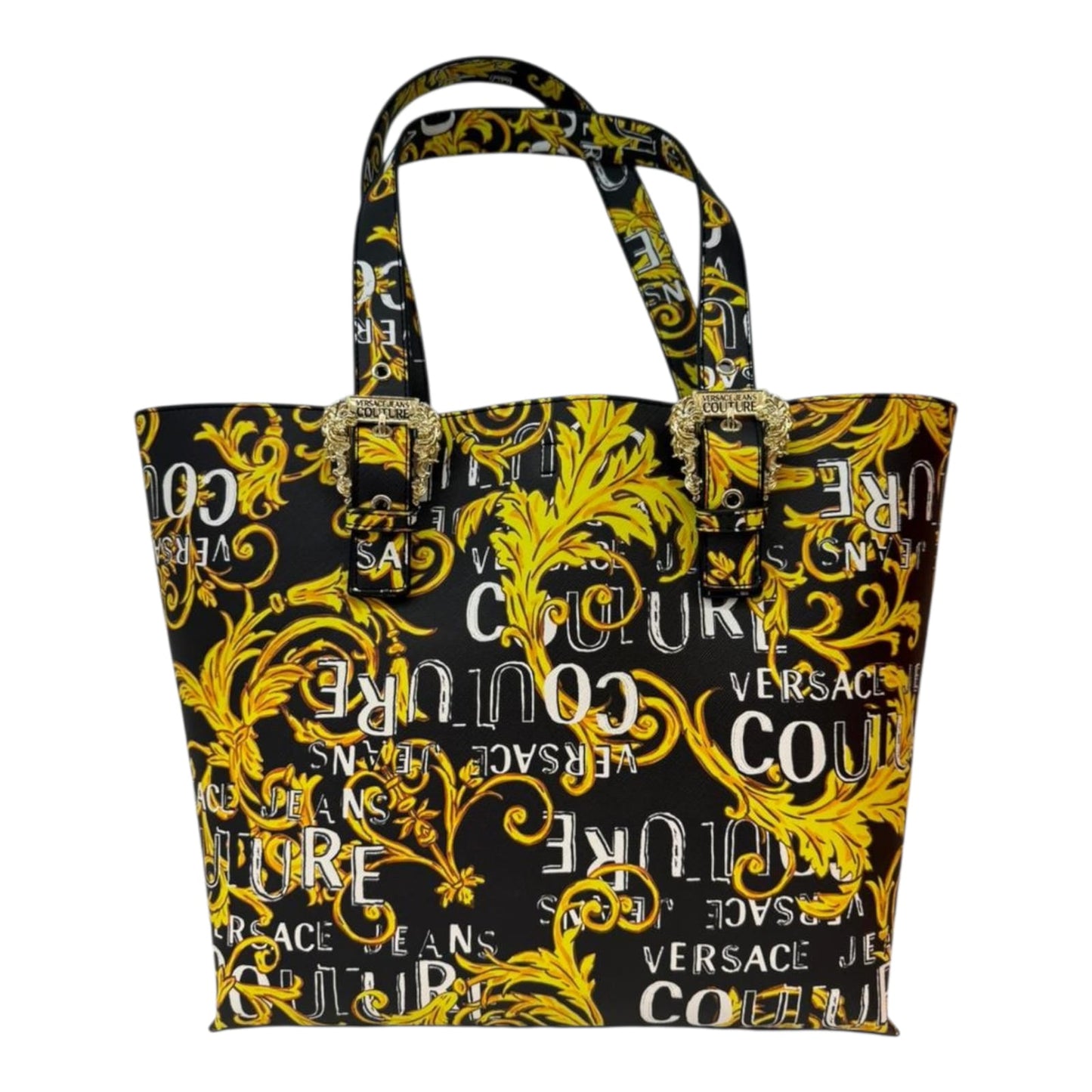 BLACK YELLOW BAROQUE LOGO PRINT SHOPPING TOTE BAG