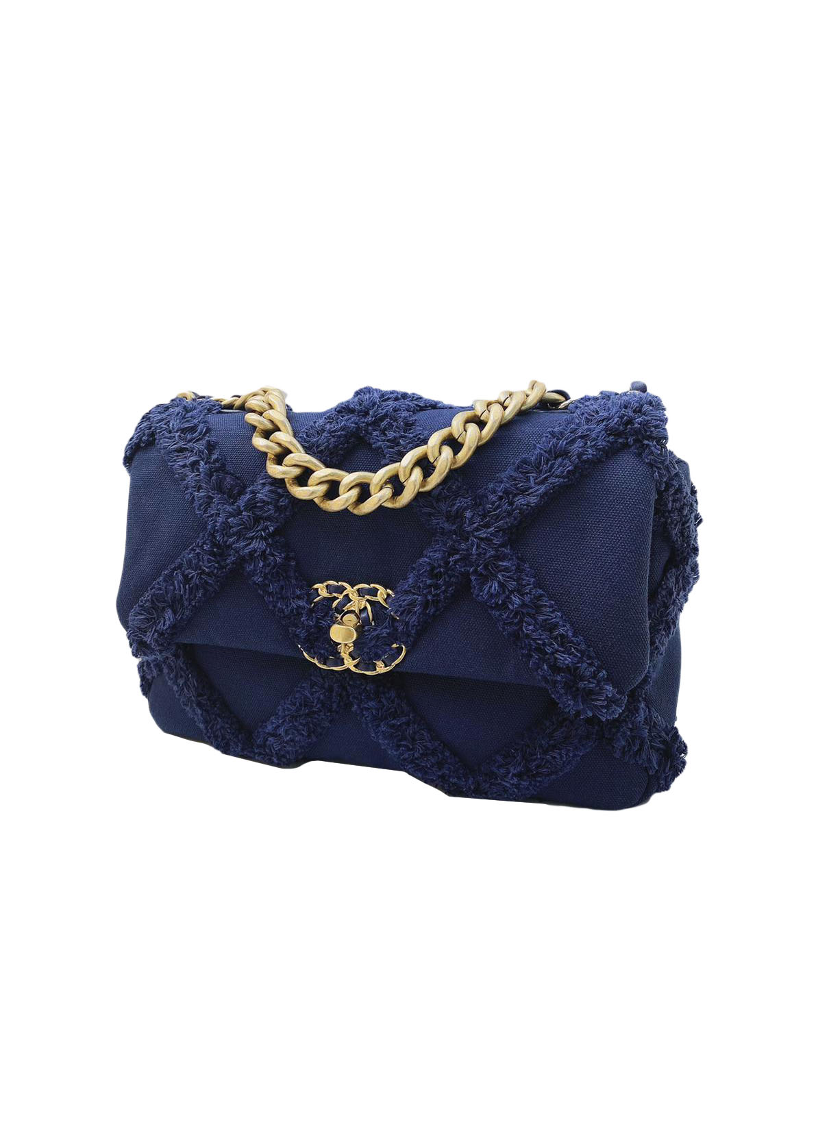 BLUE COTTON CANVAS QUILTED MEDIUM CHANEL 19 FLAP BAG - styleforless
