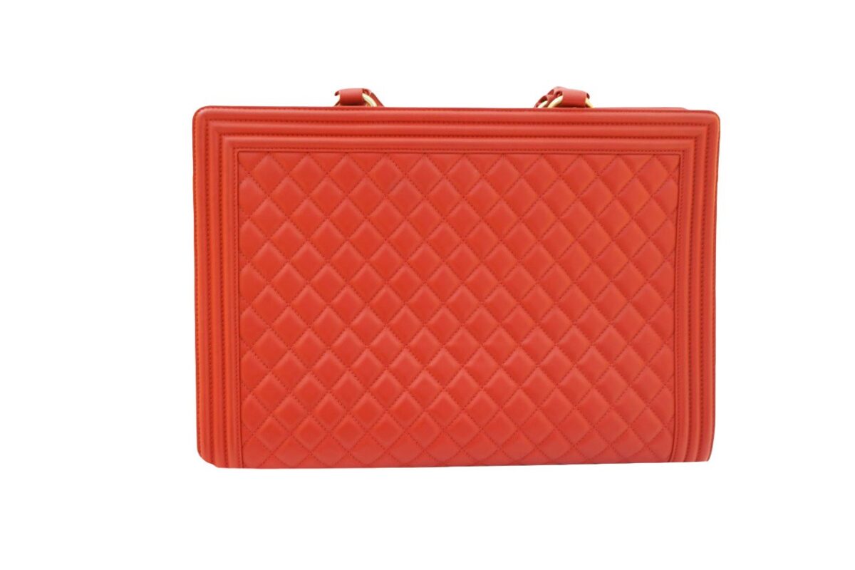 RED CALFSKIN QUILTED LEATHER LARGE BOY SHOPPING TOTE BAG