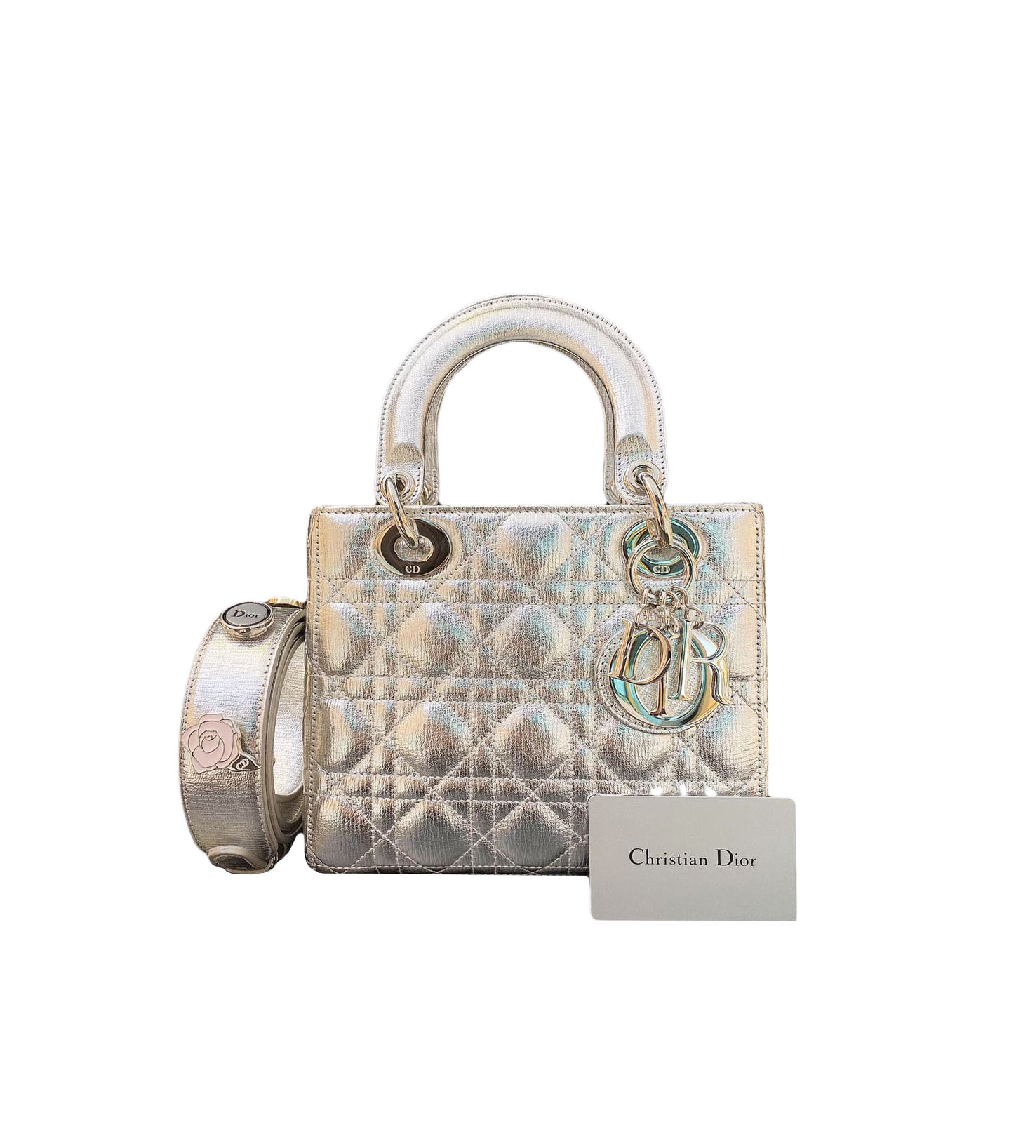SILVER METALLIC GRAINED CALFSKIN CANNAGE LEATHER SMALL LADY DIOR BAG -  styleforless