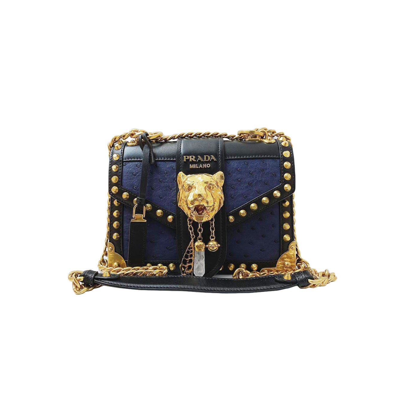STUDDED LION-HEAD OSTRICH LEATHER CAHIER LIMITED EDITION FLAP SHOULDER BAG  - styleforless