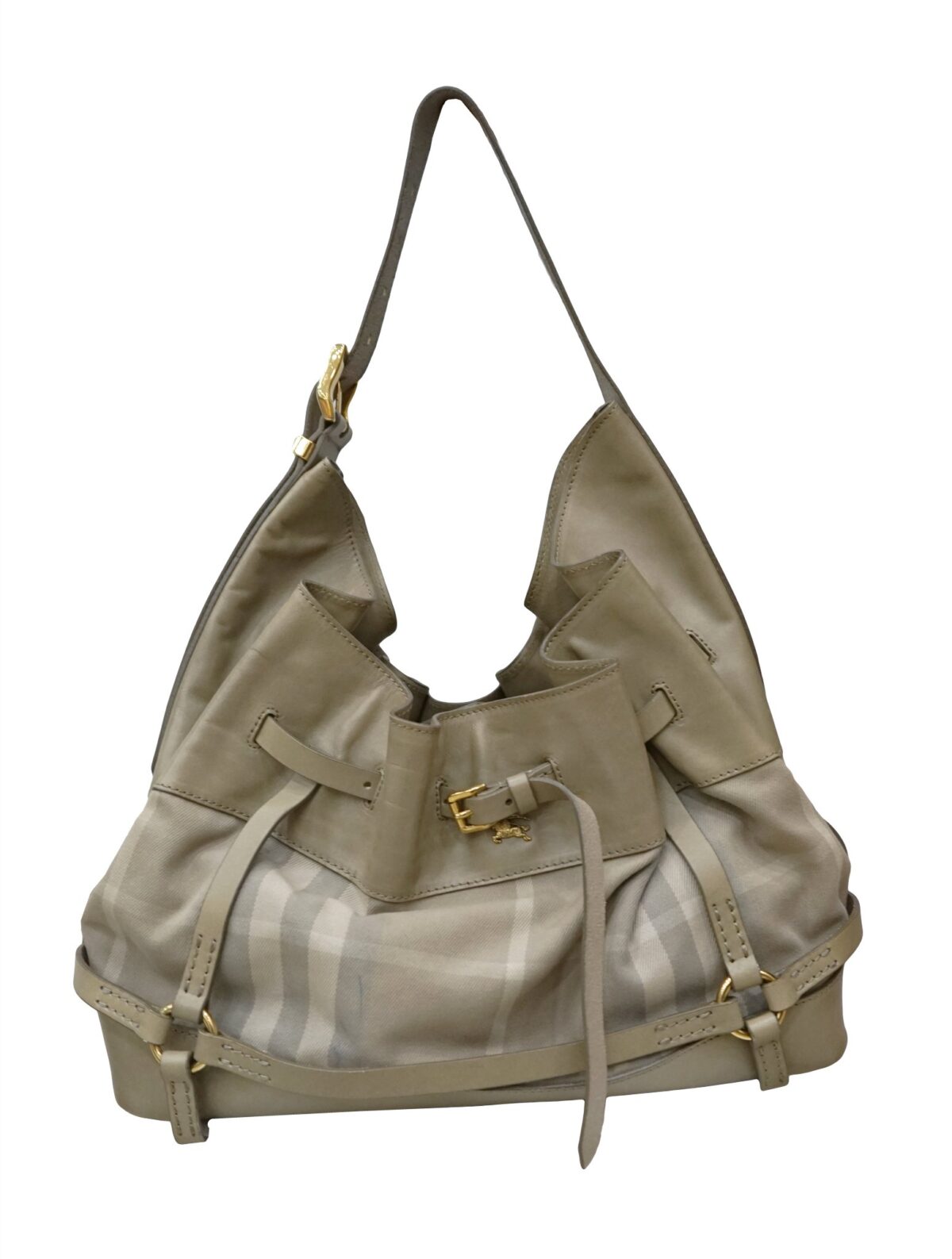 CHECK FABRIC & LEATHER HOBO BAG