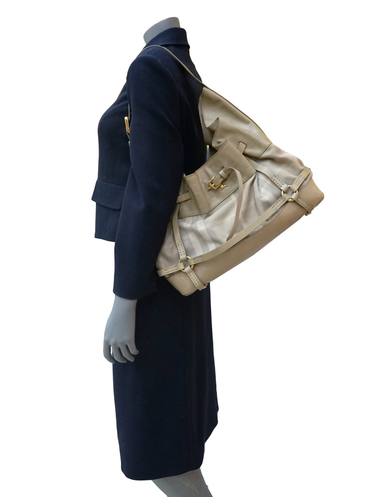CHECK FABRIC & LEATHER HOBO BAG
