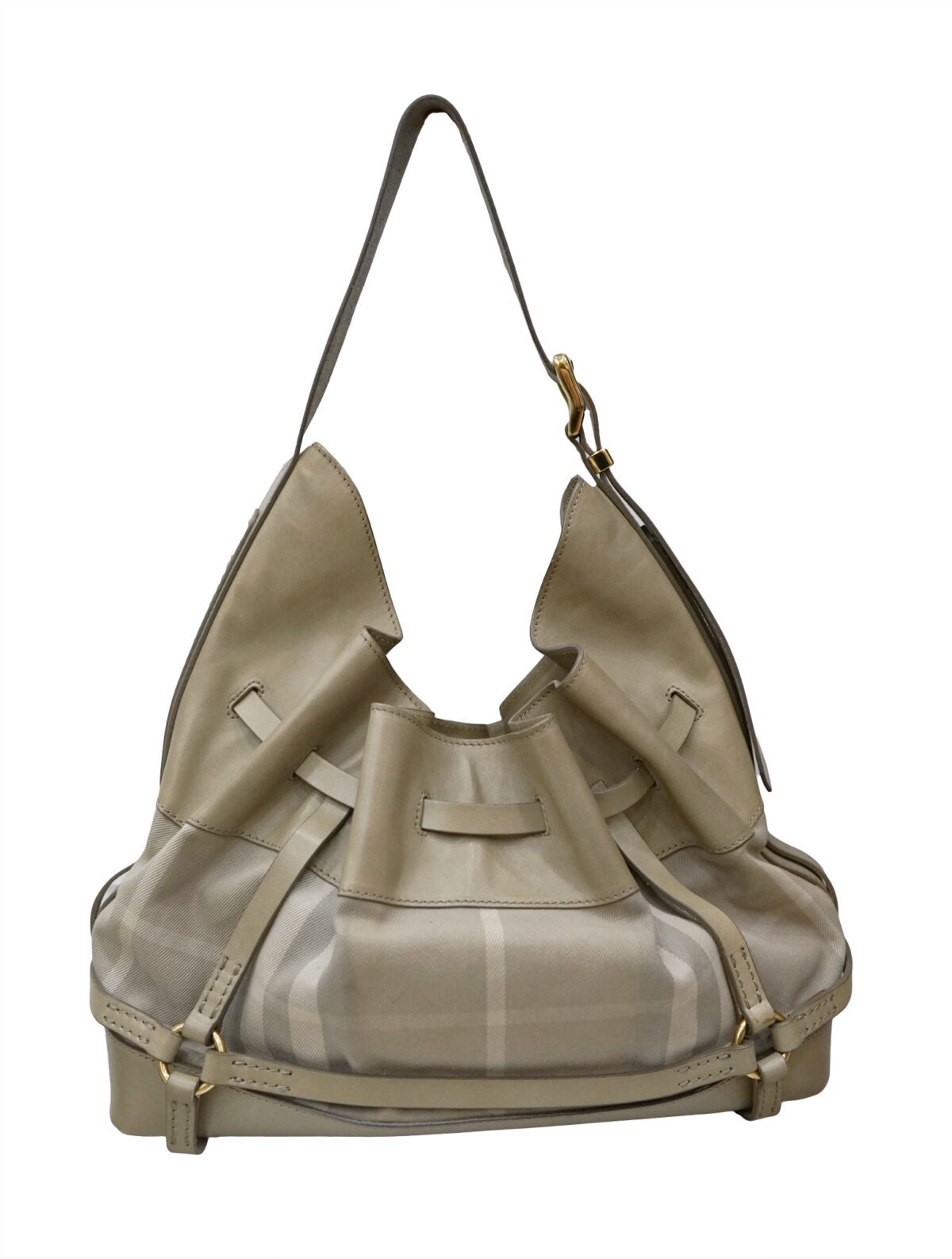 CHECK FABRIC & LEATHER HOBO BAG