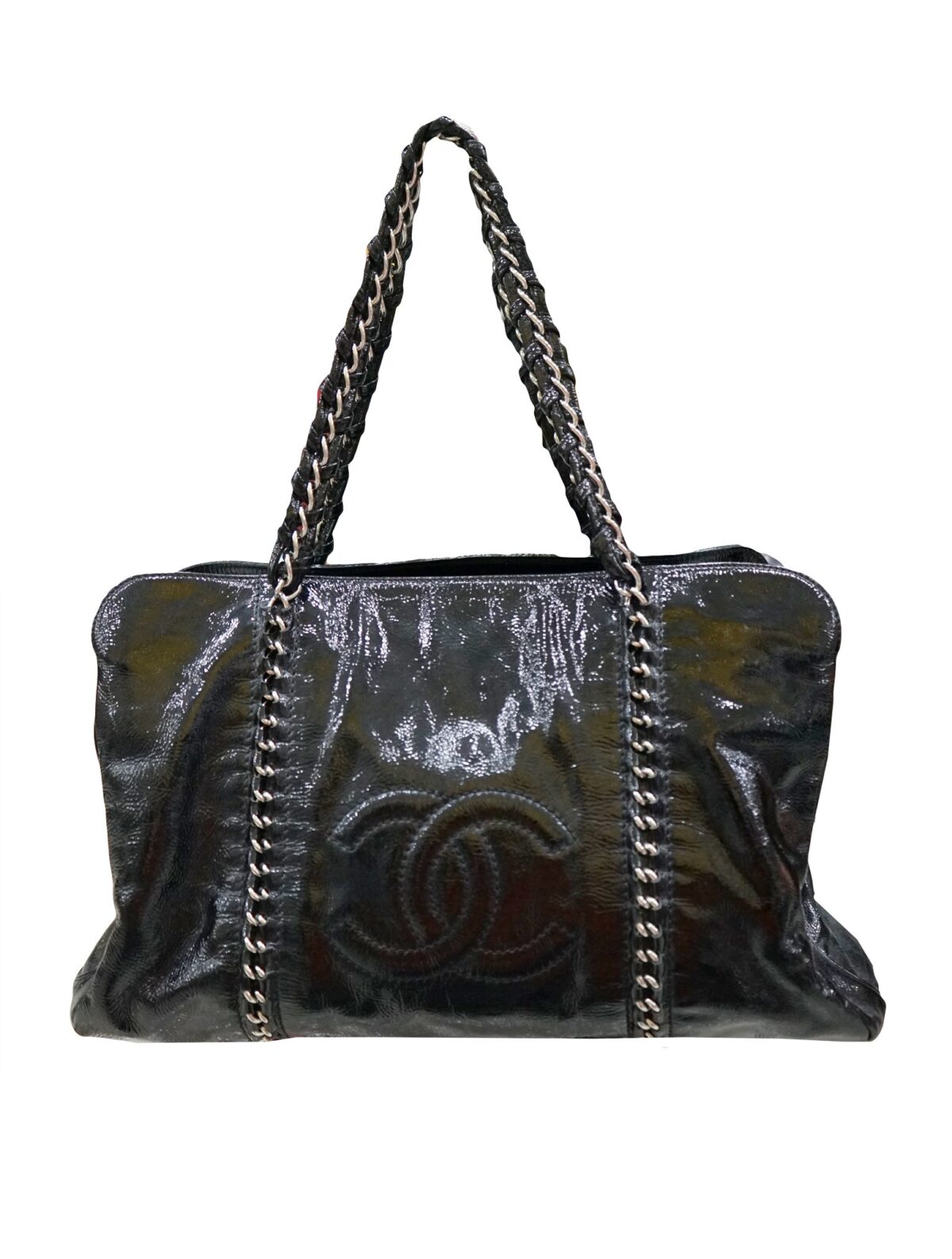 PATENT LEATHER MODERN CHAIN TOTE BAG