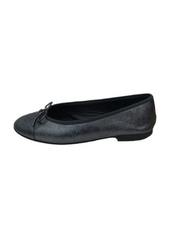 BLACK GRAY LEATHER CC BOW BALLET FLATS