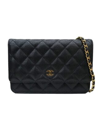 BLACK CAVIAR LEATHER WALLET ON CHAIN