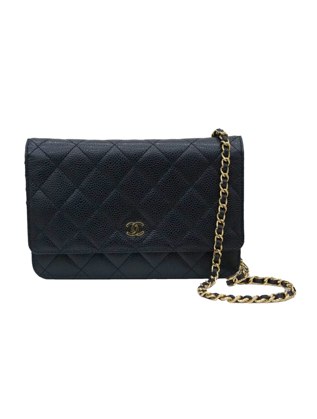 BLACK CAVIAR LEATHER WALLET ON CHAIN