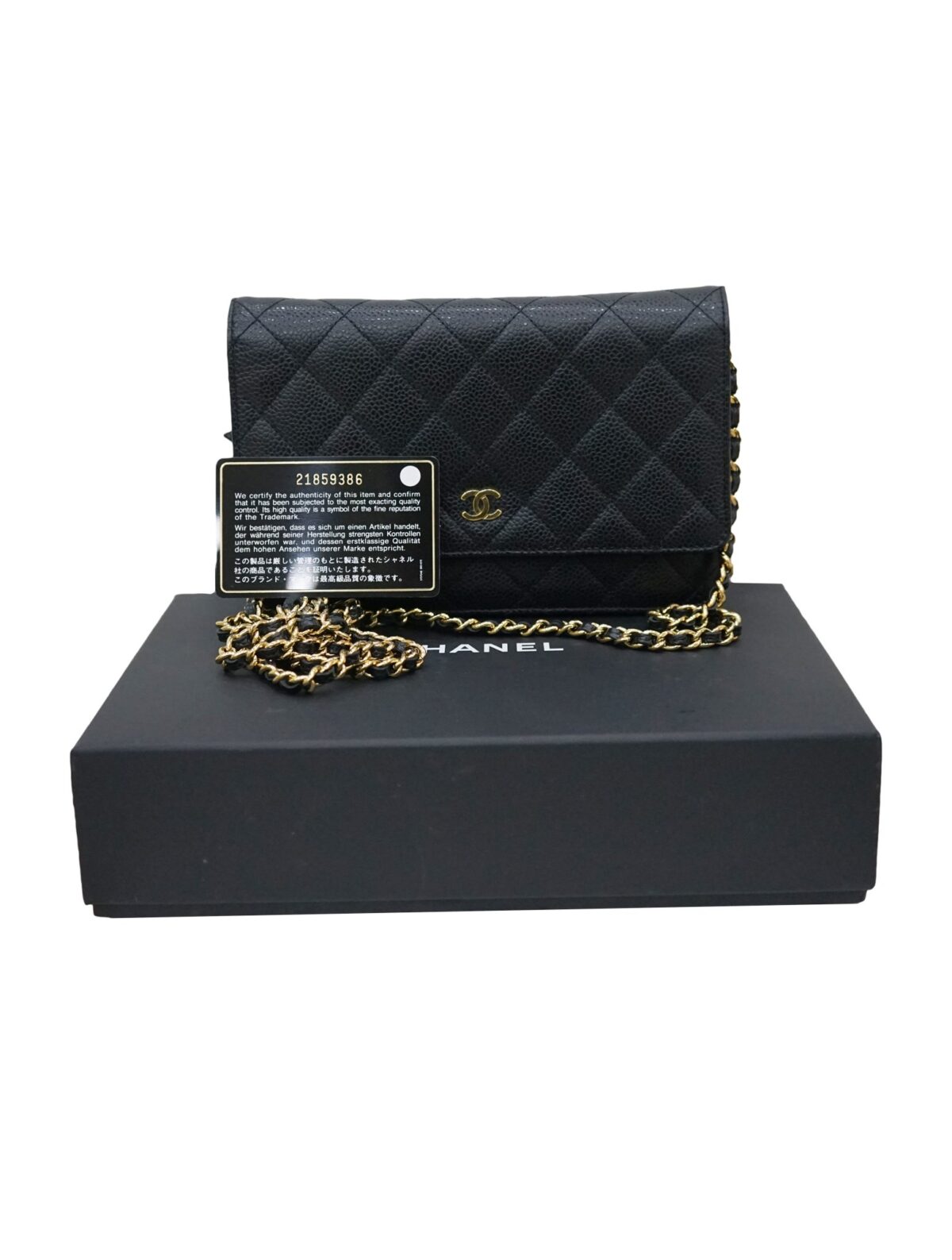 BLACK CAVIAR LEATHER WALLET ON CHAIN