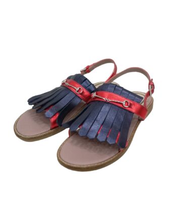 RED BLUE METALLIC LEATHER FRINGE SANDALS