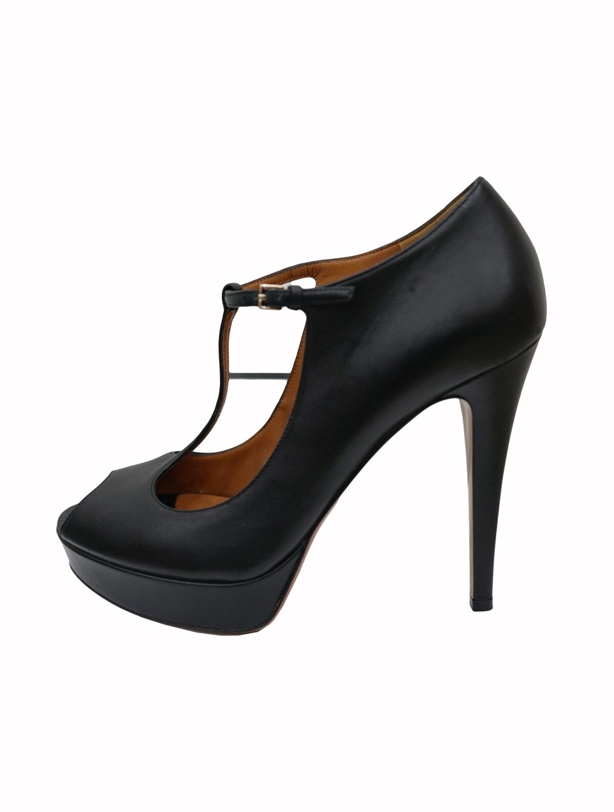 BLACK LEATHER BETTY T-STRAP PLATFORM PUMPS