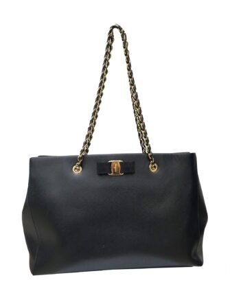BLACK MELIKE SAFFIANO CHAIN SHOULDER TOTE BAG