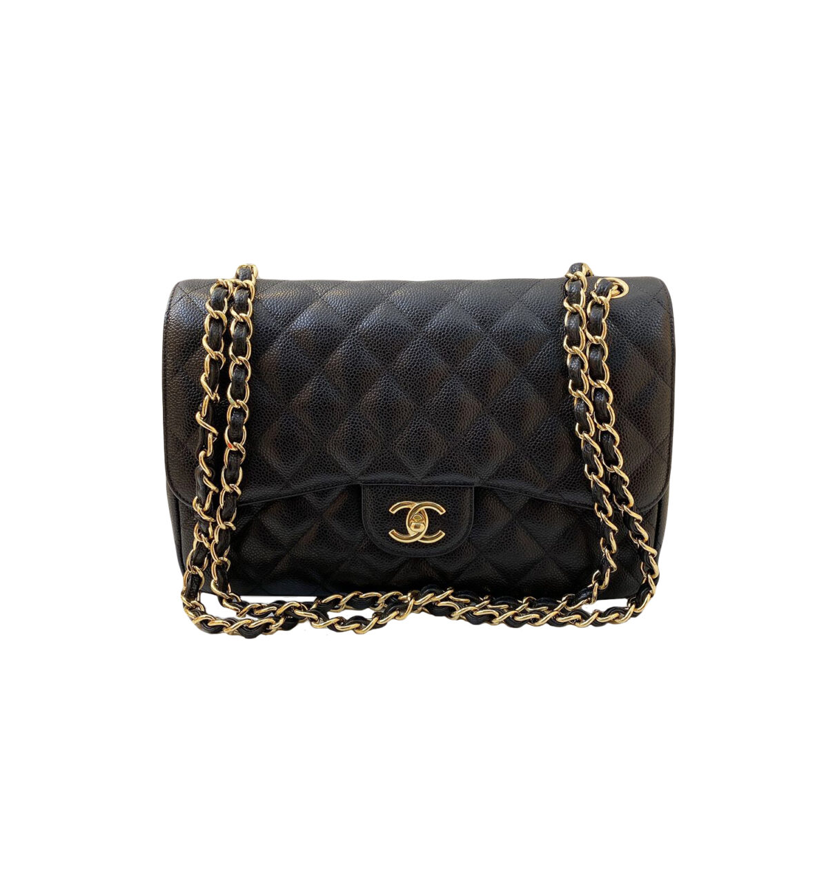 BLACK CAVIAR LEATHER CLASSIC DOUBLE FLAP JUMBO GHW HANDBAG