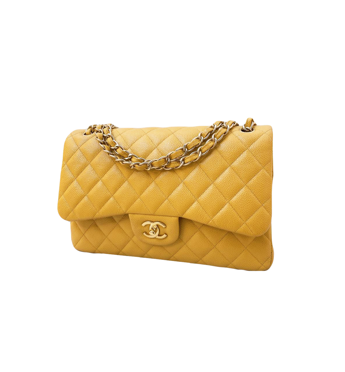 Chanel Mustard Yellow Caviar CC Top Ring Handle Bag Burled Wood