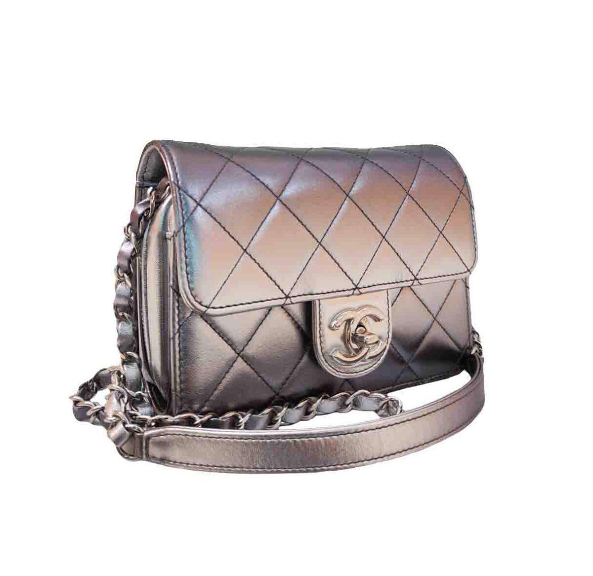 SILVER METALLIC LAMBSKIN LEATHER SMALL FLAP BAG