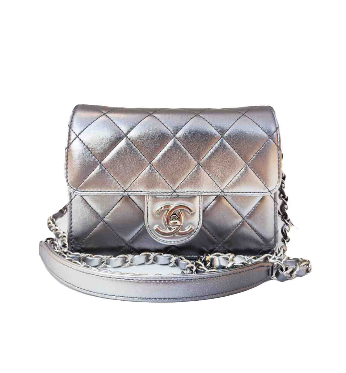 SILVER METALLIC LAMBSKIN LEATHER SMALL FLAP BAG
