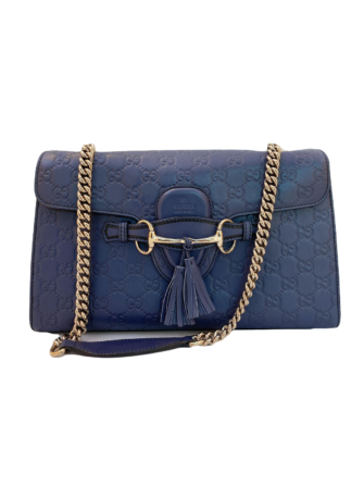 BLUE GUCCISSIMA LEATHER MEDIUM EMILY CHAIN SHOULDER BAG