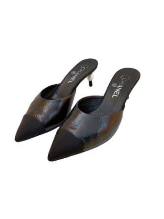 BLACK CANVAS AND LEATHER CC MULE SANDALS
