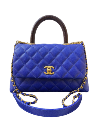 BLUE QUILTED CAVIAR LEATHER & LIZARD COCO TOP HANDLE BAG GHW