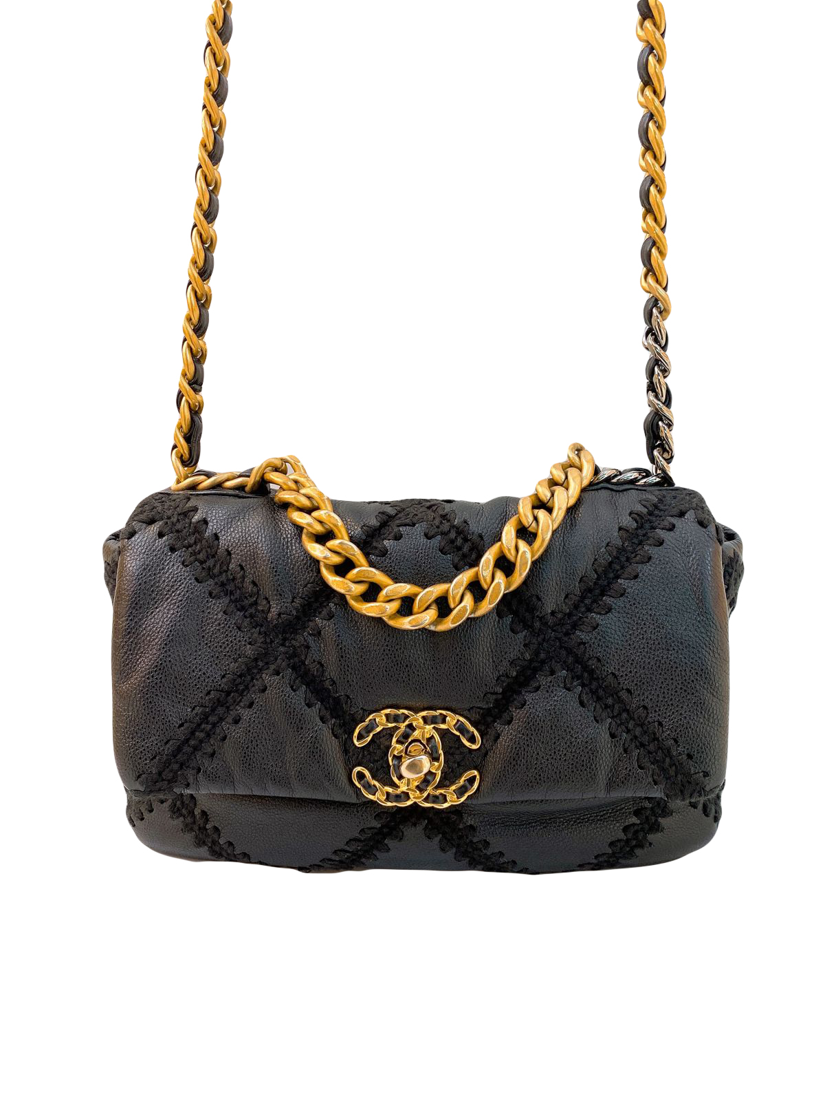 BLACK CALFSKIN LEATHER CHANEL 19 LARGE STITCH BAG - styleforless