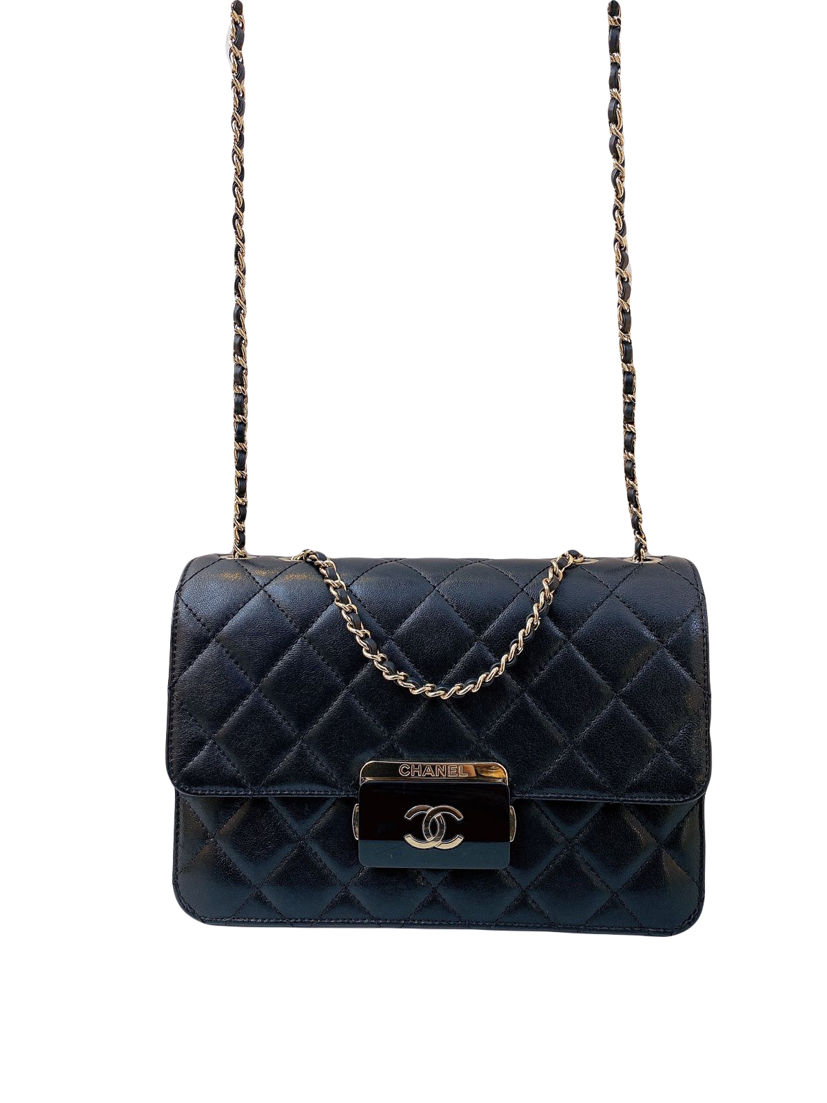 BLACK QUILTED LEATHER BEAUTY LOCK FLAP BAG GOLD TONE
