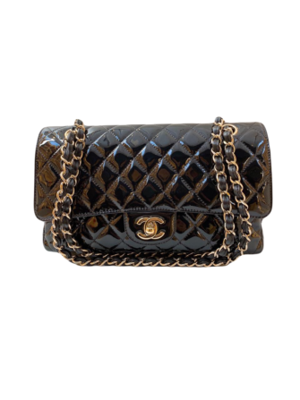 BLACK PATENT MEDIUM CLASSIC DOUBLE FLAP BAG GHW