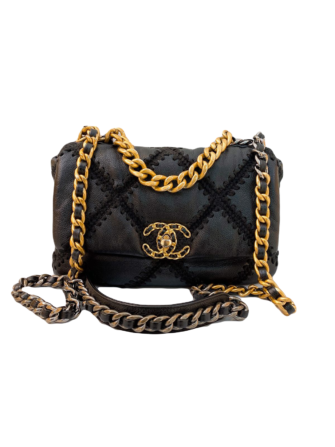 BLACK CALFSKIN LEATHER CHANEL 19 LARGE STITCH BAG