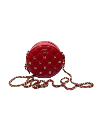 RED LAMBSKIN LUCKY CHARMS ROUND CLUTCH WITH CHAIN
