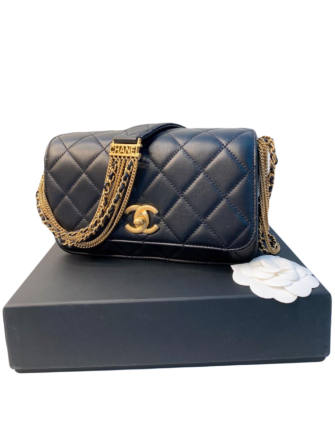 BLACK SMALL FLAP WITH CHAIN/LEATHER STRAP CAMBON DETAIL BAG