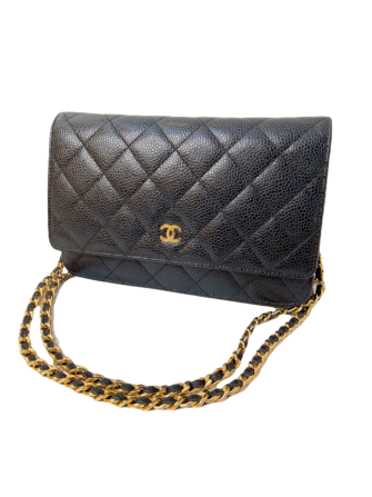 BLACK CAVIAR LEATHER WALLET ON CHAIN