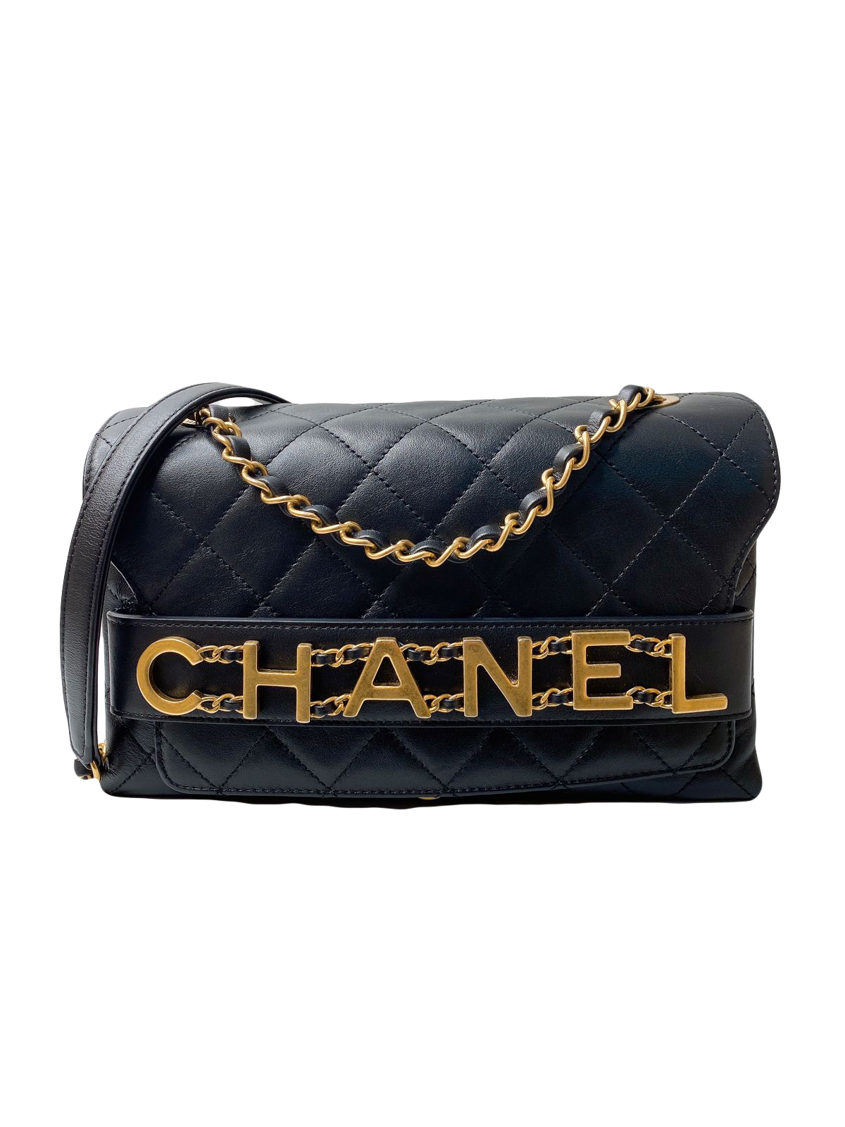 BLACK CALFSKIN LEATHER ENCHAINED LOGO FLAP  BAG