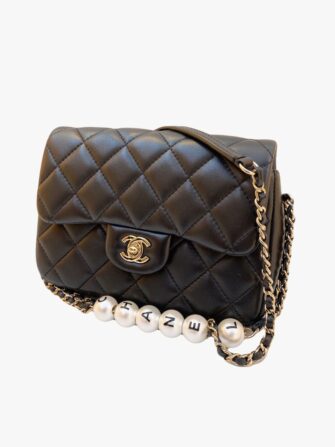 BLACK LAMBSKIN QUILTED LEATHER MY PRECIOUS LOGO PEARL CHAIN BAG