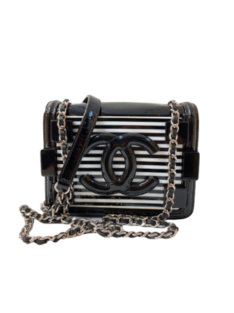 BLACK/WHITE STRIPED PLEXIGLASS AND PATENT LEATHER EAST-WEST BOY BRICK FLAP BAG