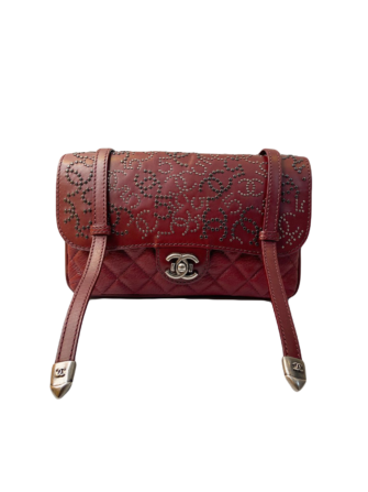 RED STUDDED CALFSKIN LEATHER PARIS-DALLAS STUDDED BUCKLE FLAP BAG