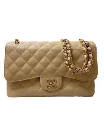 BEIGE QUILTED CAVIAR LEATHER JUMBO CLASSIC DOUBLE FLAP BAG