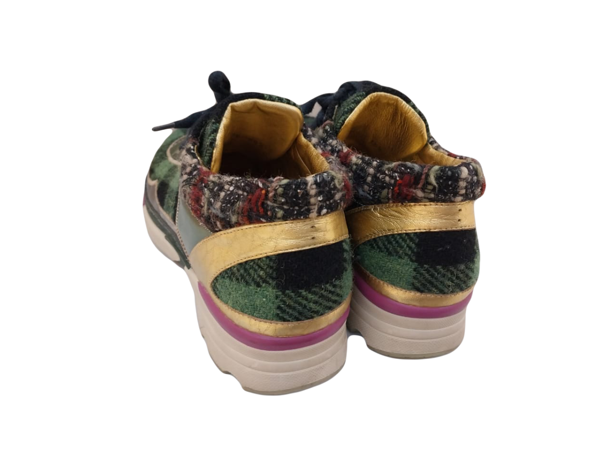 MULTICOLORED TWEED FABRIC AND LEATHER CC LOW TOP SNEAKERS
