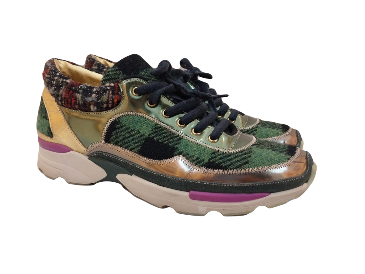 MULTICOLORED TWEED FABRIC AND LEATHER CC LOW TOP SNEAKERS
