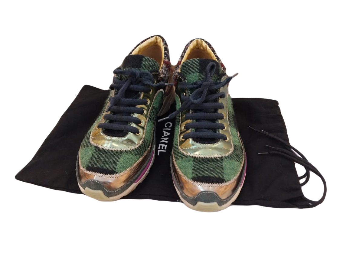 MULTICOLORED TWEED FABRIC AND LEATHER CC LOW TOP SNEAKERS