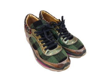 MULTICOLORED TWEED FABRIC AND LEATHER CC LOW TOP SNEAKERS