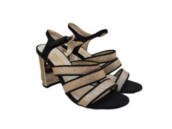 METALLIC GLITTER TEXTURE LEATHER AND FABRIC CC BLOCK HEEL STRAPPY SANDALS
