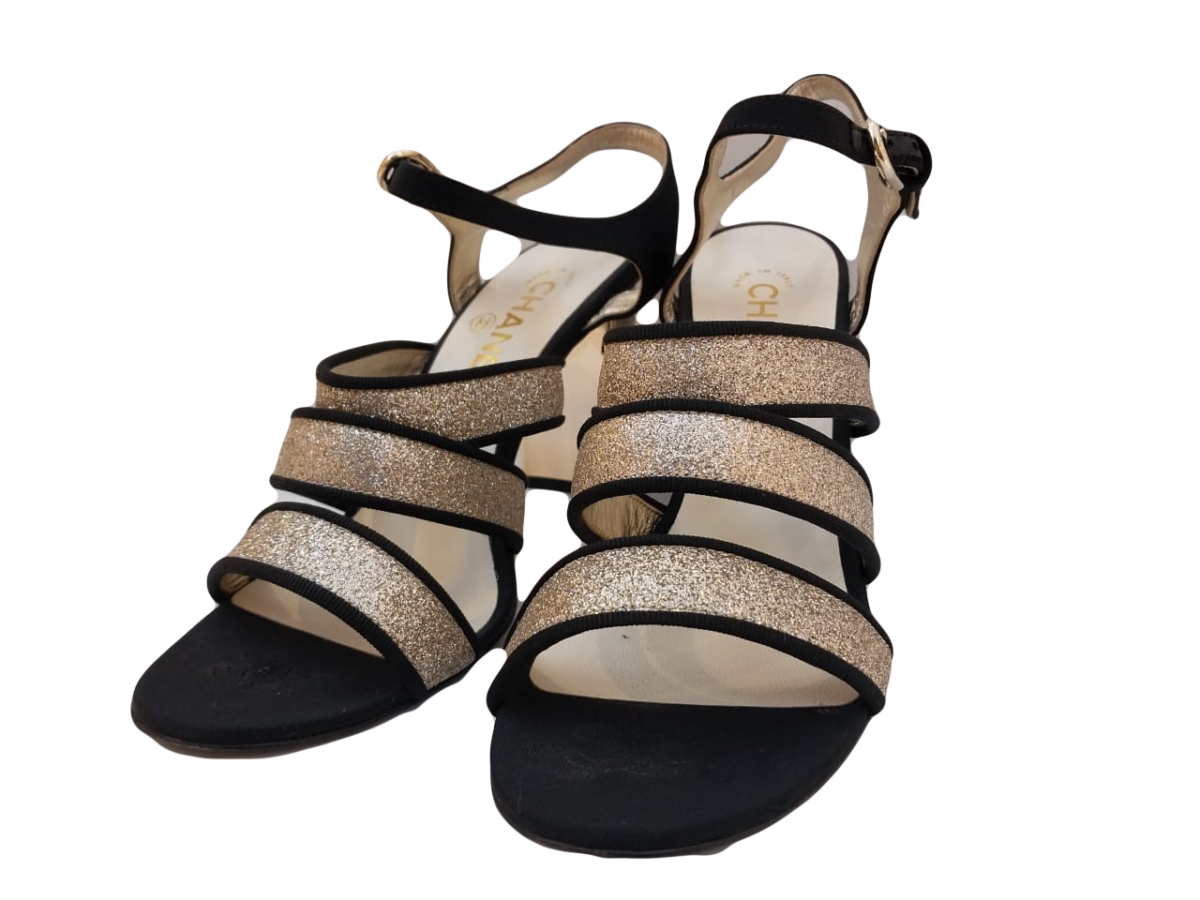 METALLIC GLITTER TEXTURE LEATHER AND FABRIC CC BLOCK HEEL STRAPPY SANDALS