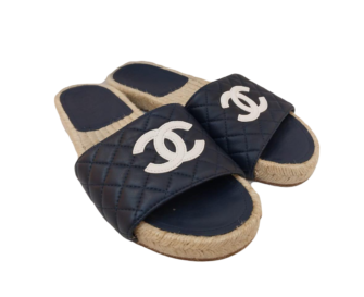 DARK BLUE QUILTED LEATHER CC FLAT ESPADRILLE SLIDES