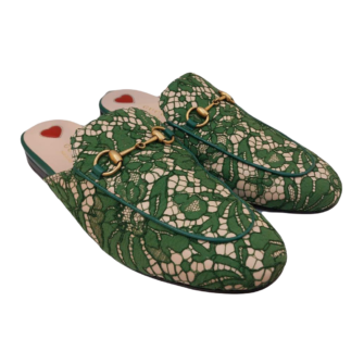 BEIGE GREEN LACE PRINCETOWN HORSEBIT MULE SANDALS